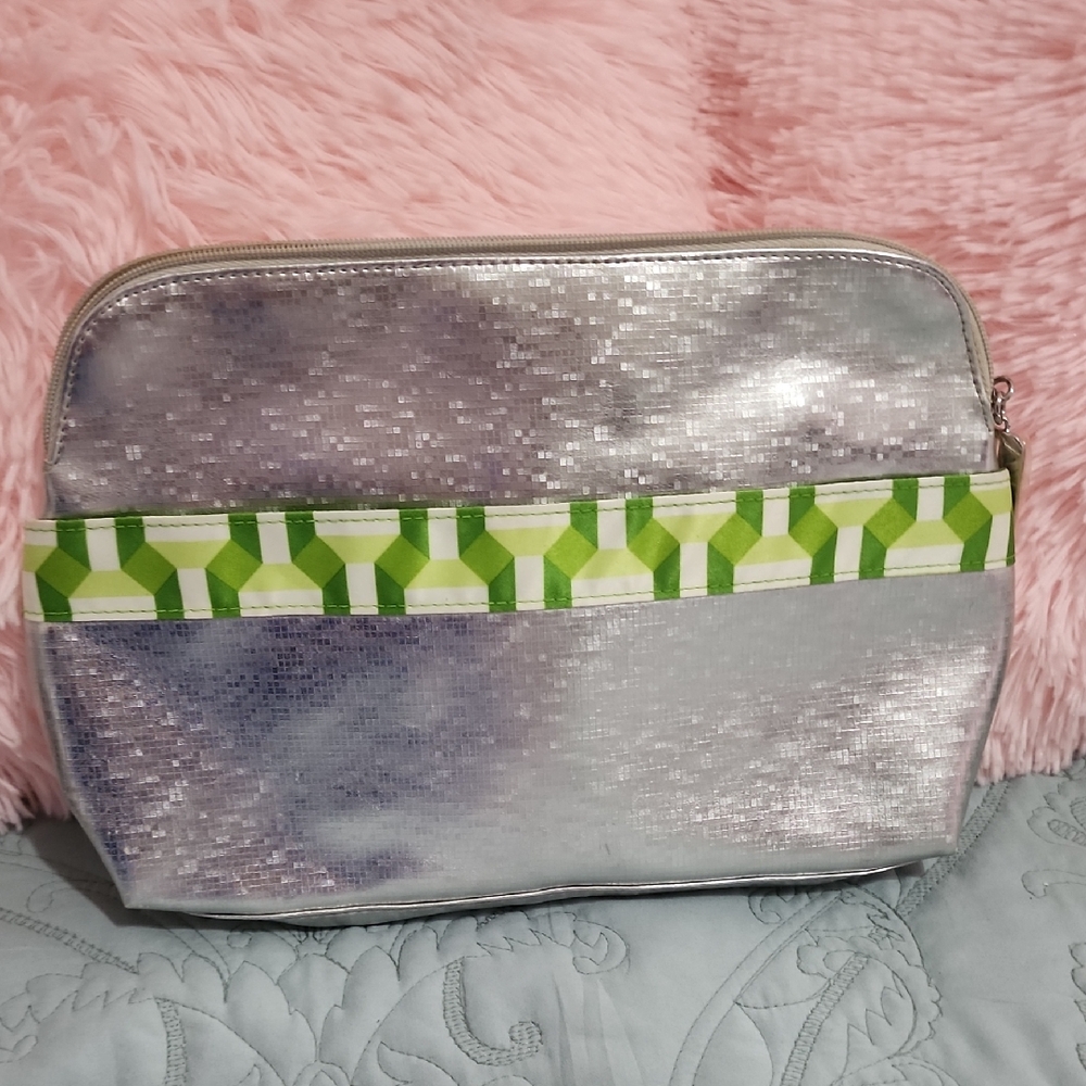 CLINIQUE Chic Silver and Green Patterned Clutch